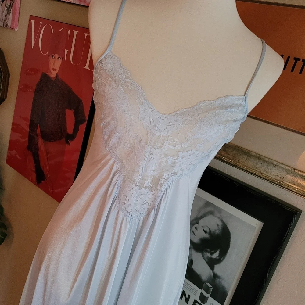 Vintage - 70's Giland Baby Blue Nylon Lace Maxi Chemise Slip Dress - Picture 2 of 6